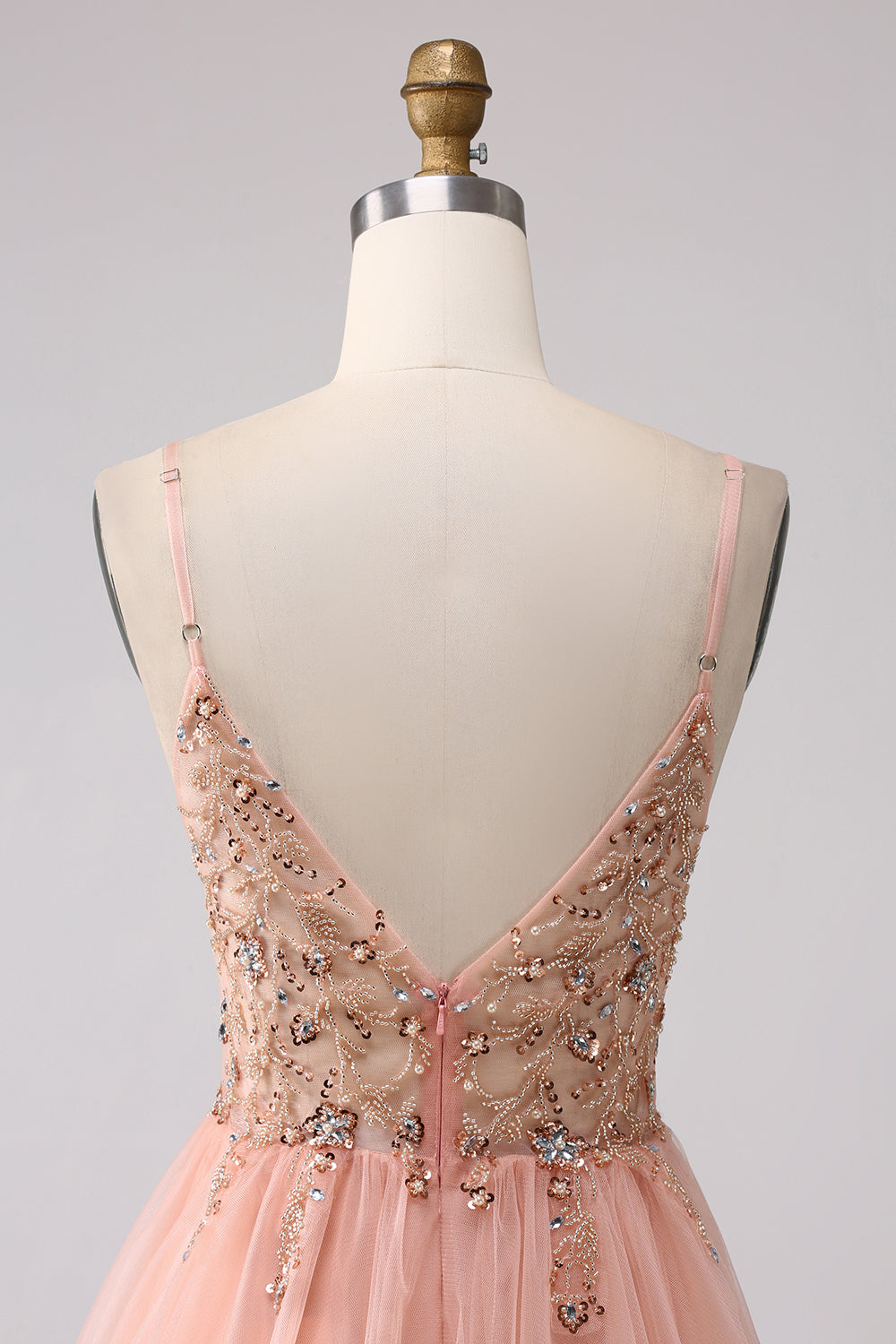 Glitzerndes Blush A-Linie Pailletten Spaghettiträger Langes Ballkleid mit Schlitz