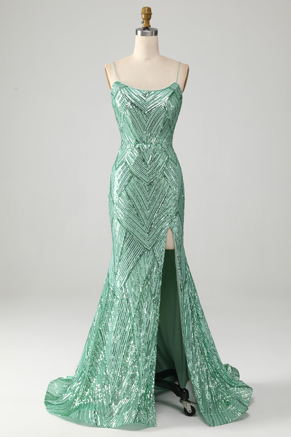Glitzerndes Langes grünes Pailletten Kleid mit Schnürrücken Meerjungfrau Ballkleid mit Schlitz