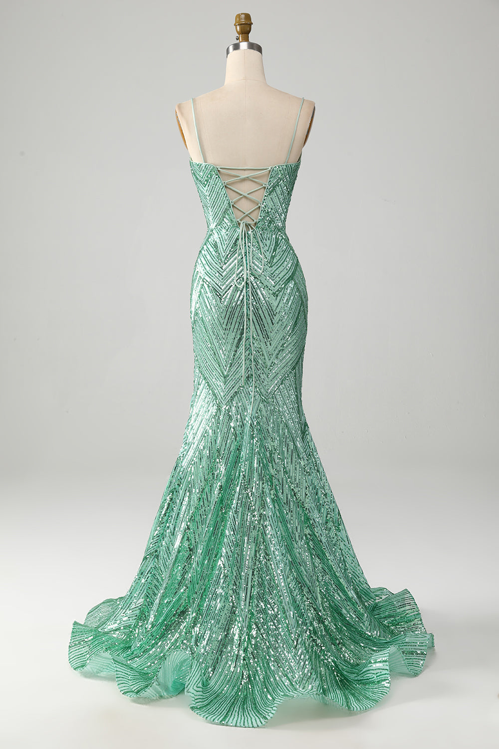 Glitzerndes Langes grünes Pailletten Kleid mit Schnürrücken Meerjungfrau Ballkleid mit Schlitz