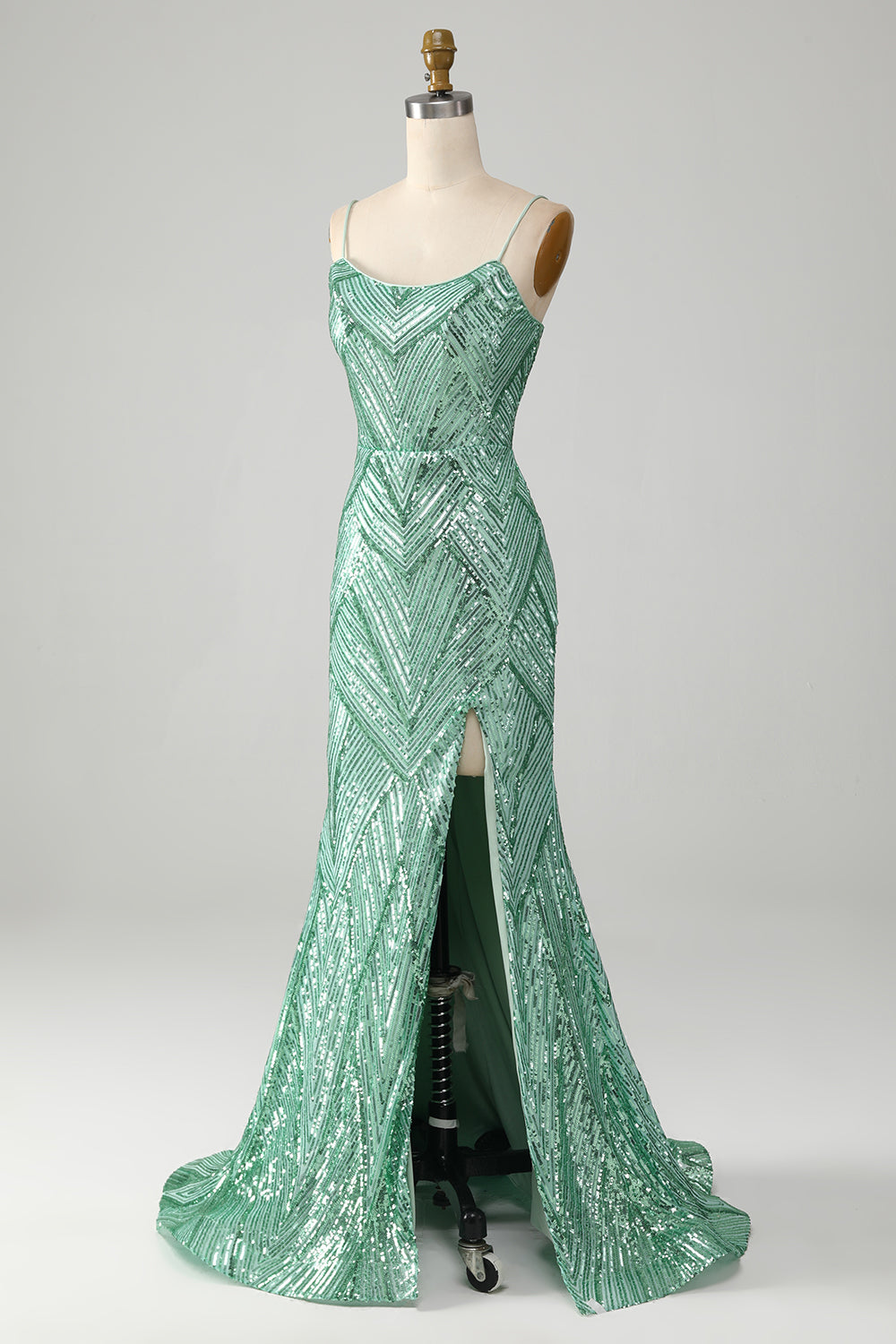 Glitzerndes Langes grünes Pailletten Kleid mit Schnürrücken Meerjungfrau Ballkleid mit Schlitz