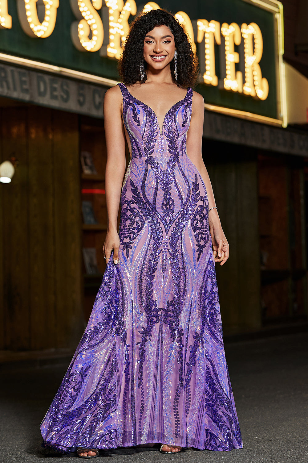 Funkelndes Mermaid V-Ausschnitt Dunkellila Pailletten Langes Ballkleid mit offenem Rücken
