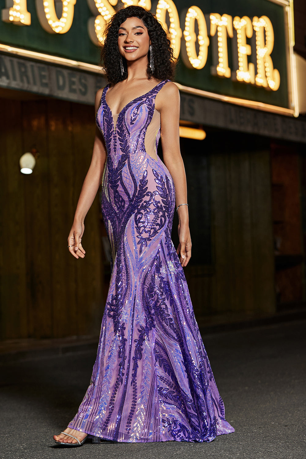 Funkelndes Mermaid V-Ausschnitt Dunkellila Pailletten Langes Ballkleid mit offenem Rücken