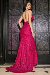 Fuchsia Meerjungfrauen Neckholder Pailletten Ballkleid mit Schlitz