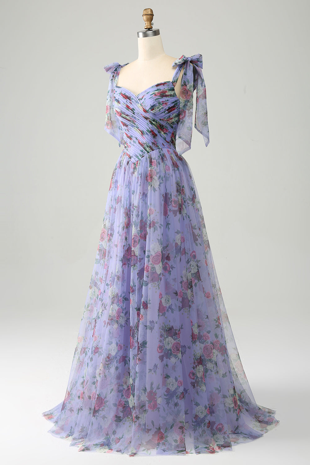 Lavendel Ballkleid aus Tüll mit Blumendruck und Plissee