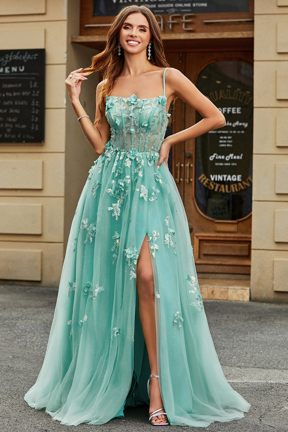 A-Linie Korsett Grünes Ballkleid aus Tüll mit Applikationen