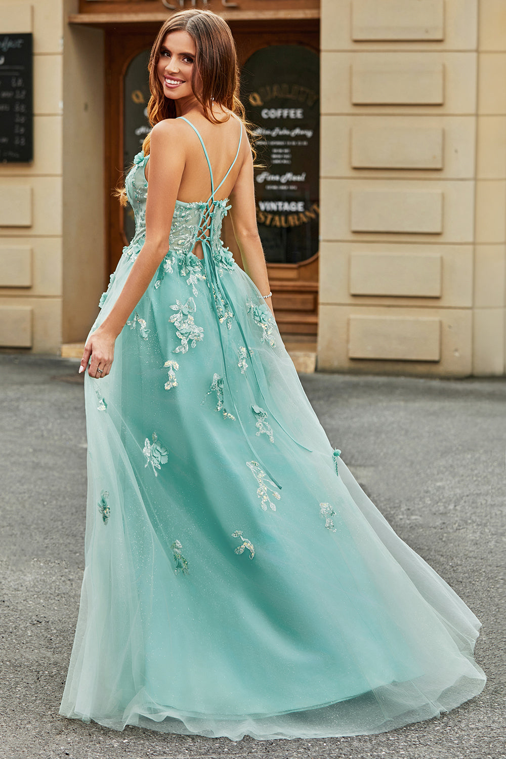 A-Linie Korsett Grünes Ballkleid aus Tüll mit Applikationen