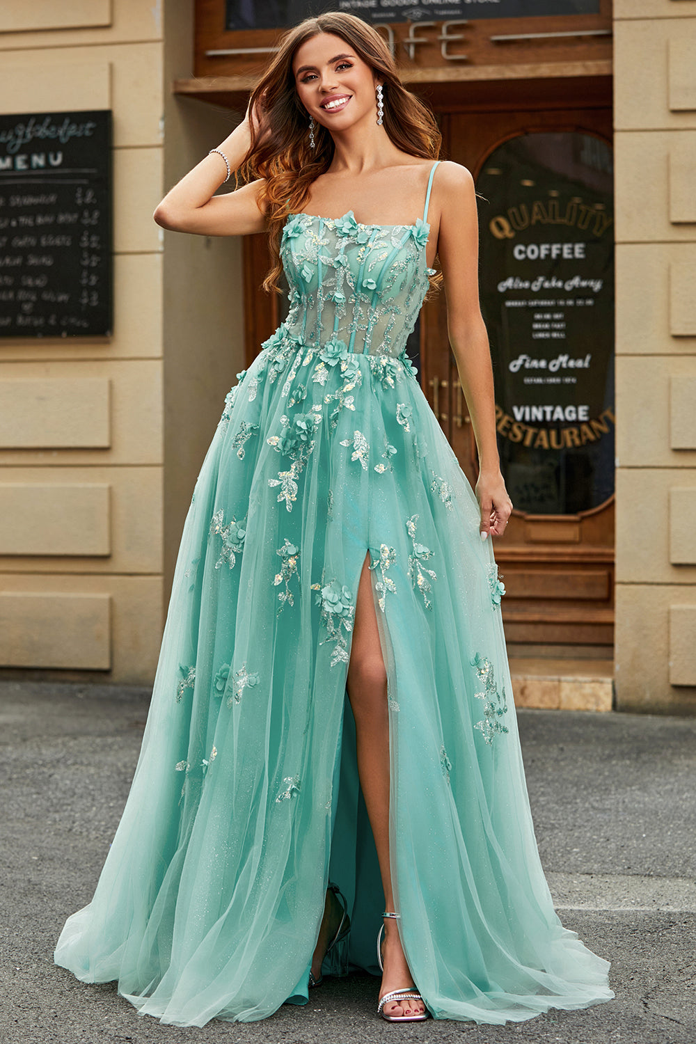 A-Linie Korsett Grünes Ballkleid aus Tüll mit Applikationen