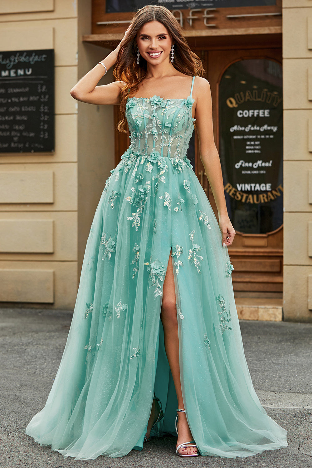 A-Linie Korsett Grünes Ballkleid aus Tüll mit Applikationen
