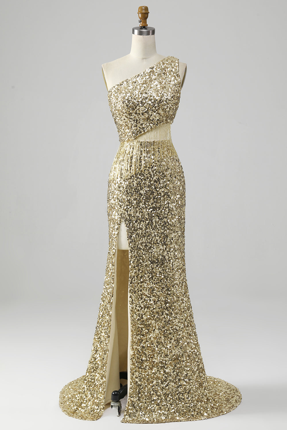 Goldenes Eine Schulter Fransen Pailletten Ballkleid mit Schlitz