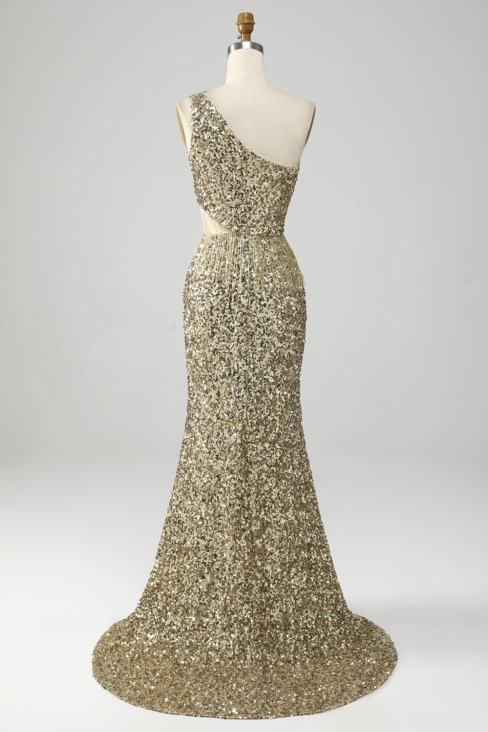 Goldenes Eine Schulter Fransen Pailletten Ballkleid mit Schlitz