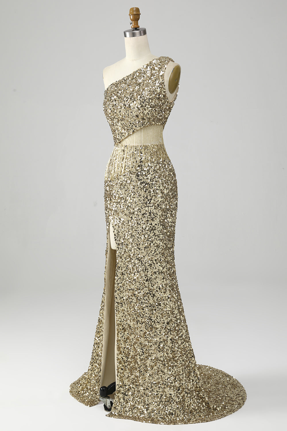 Goldenes Eine Schulter Fransen Pailletten Ballkleid mit Schlitz
