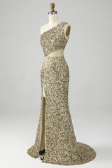 Goldenes Eine Schulter Fransen Pailletten Ballkleid mit Schlitz