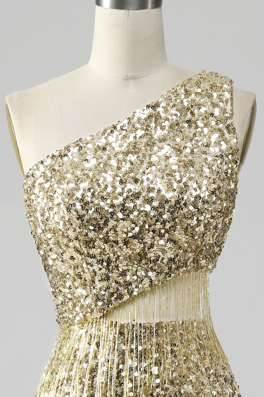 Goldenes Eine Schulter Fransen Pailletten Ballkleid mit Schlitz