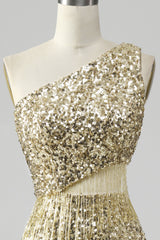 Goldenes Eine Schulter Fransen Pailletten Ballkleid mit Schlitz