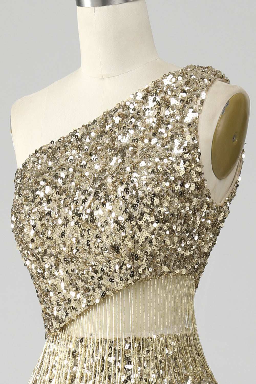 Goldenes Eine Schulter Fransen Pailletten Ballkleid mit Schlitz