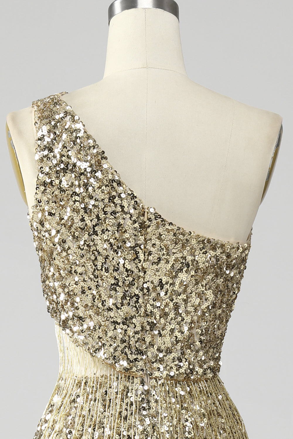 Goldenes Eine Schulter Fransen Pailletten Ballkleid mit Schlitz
