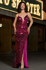 Spaghettiträger Fuchsia Glitzernde Meerjungfrau Pailletten Langes Ballkleid mit Schlitz