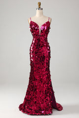 Funkelnd Mermaid Spaghetti Träger Fuchsia Pailletten Langes Ballkleid mit Schlitz