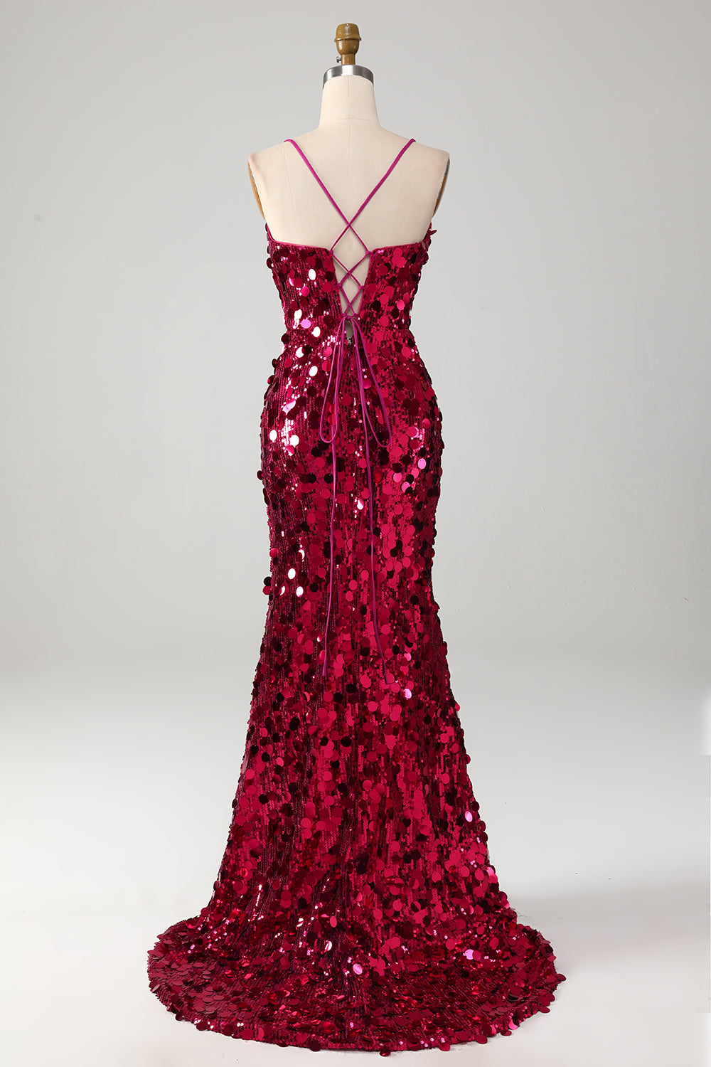 Funkelnd Mermaid Spaghetti Träger Fuchsia Pailletten Langes Ballkleid mit Schlitz