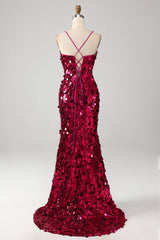 Funkelnd Mermaid Spaghetti Träger Fuchsia Pailletten Langes Ballkleid mit Schlitz