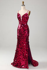 Funkelnd Mermaid Spaghetti Träger Fuchsia Pailletten Langes Ballkleid mit Schlitz