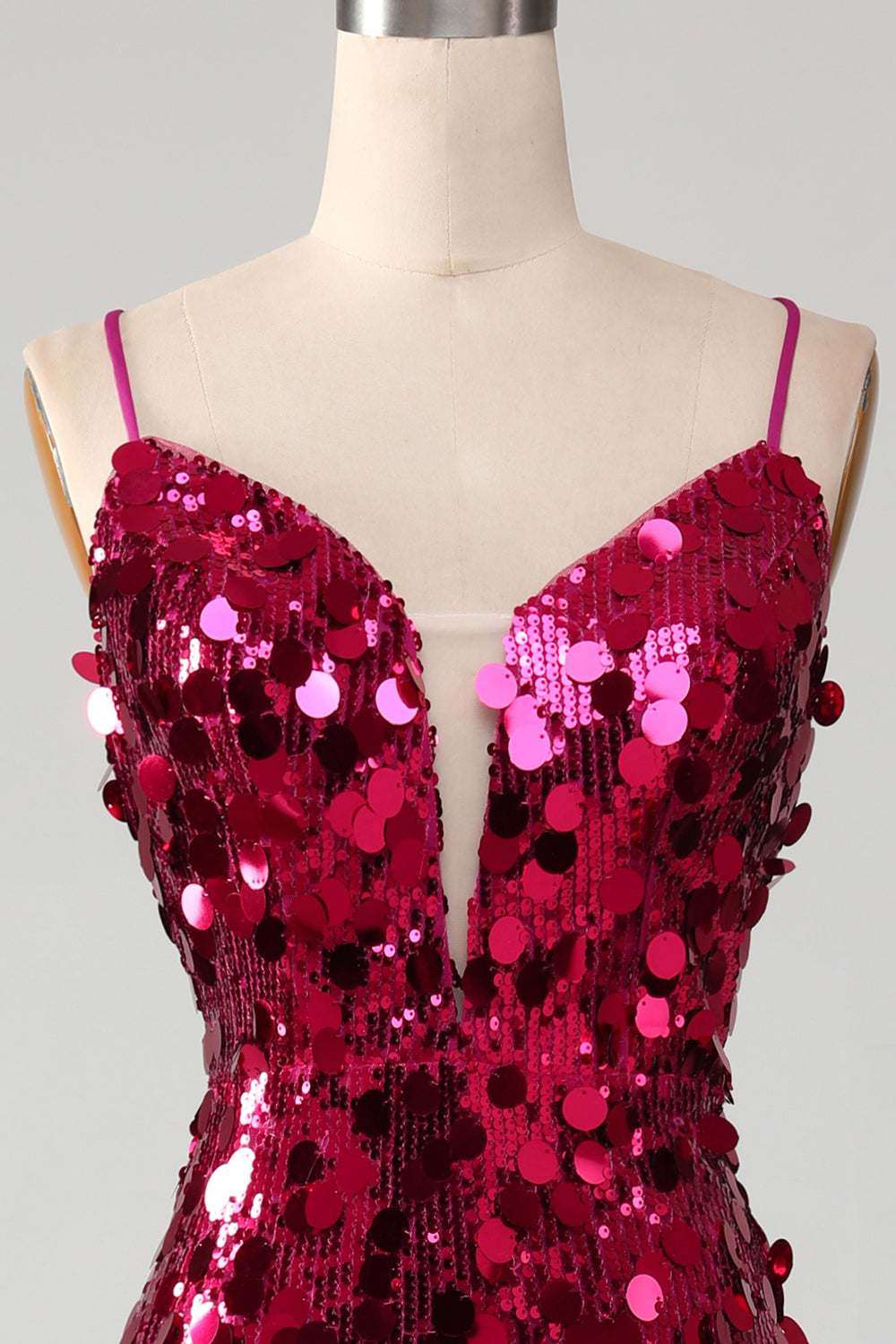 Funkelnd Mermaid Spaghetti Träger Fuchsia Pailletten Langes Ballkleid mit Schlitz