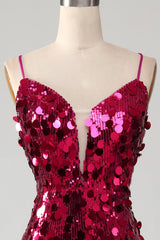 Funkelnd Mermaid Spaghetti Träger Fuchsia Pailletten Langes Ballkleid mit Schlitz