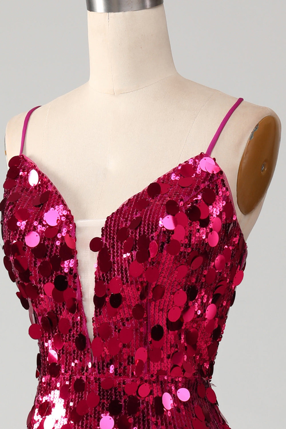 Funkelnd Mermaid Spaghetti Träger Fuchsia Pailletten Langes Ballkleid mit Schlitz