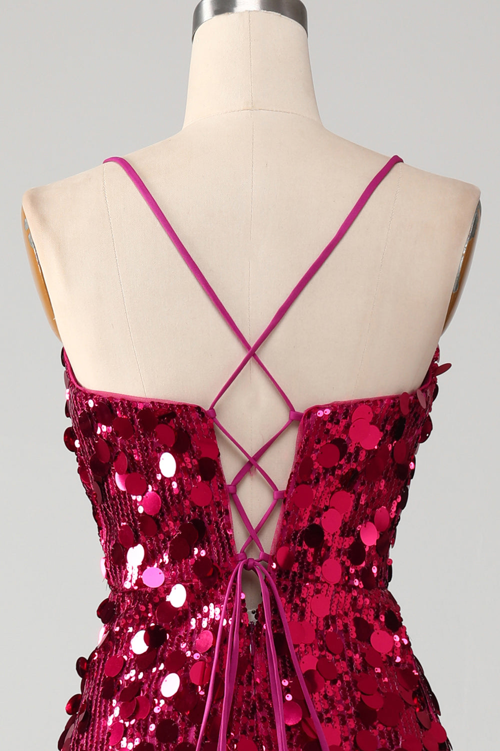 Funkelnd Mermaid Spaghetti Träger Fuchsia Pailletten Langes Ballkleid mit Schlitz