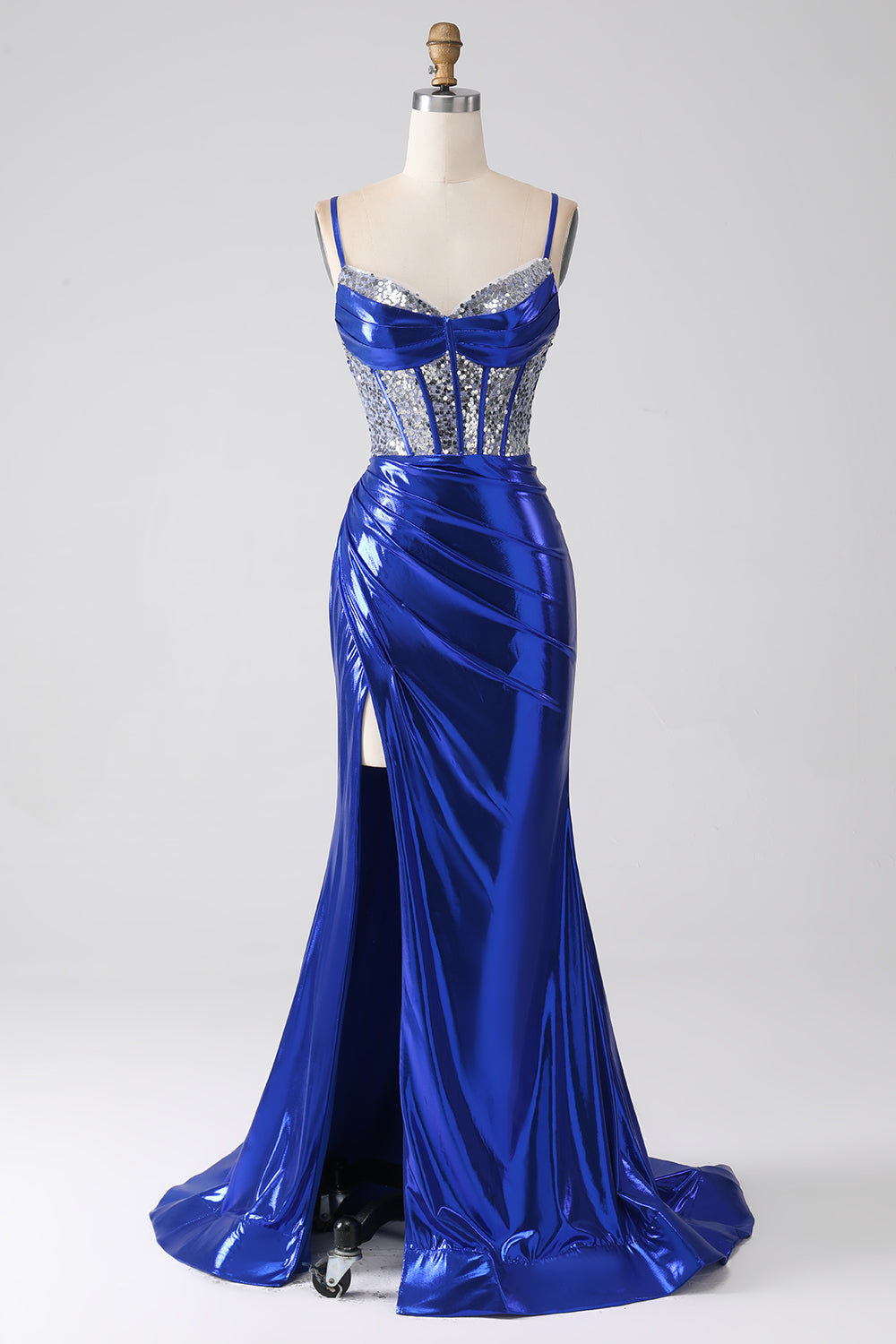 Königsblaues Meerjungfrauen glitzerndes Pailletten Korsett Ballkleid mit Schlitz