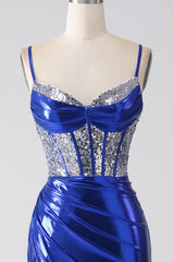 Königsblaues Meerjungfrauen glitzerndes Pailletten Korsett Ballkleid mit Schlitz