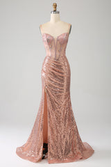 Golden Meerjungfrauen Perlen Ballkleid mit Rüschen und Schlitz
