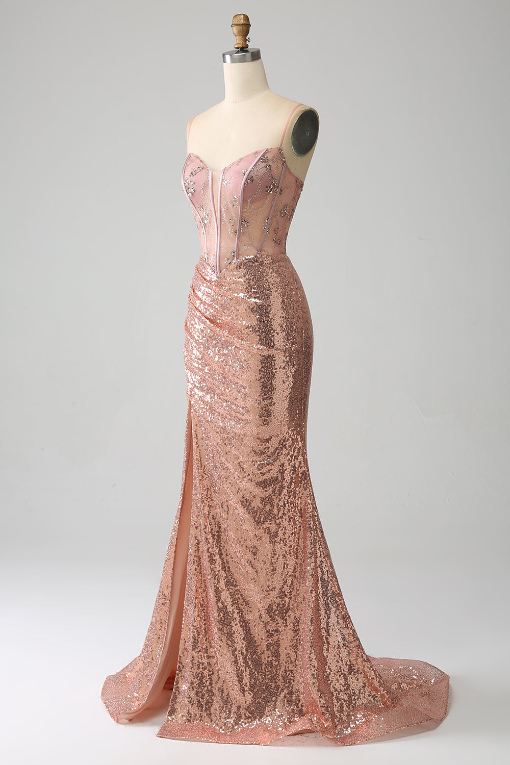 Golden Meerjungfrauen Perlen Ballkleid mit Rüschen und Schlitz