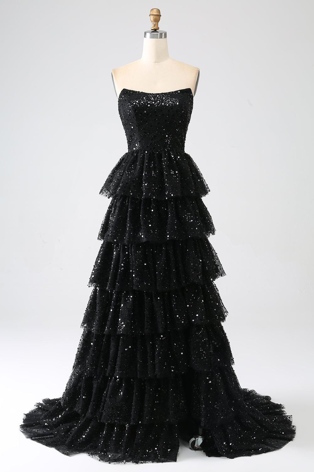 A-Linie Pailletten Schwarzes gestuftes Ballkleid mit Schlitz