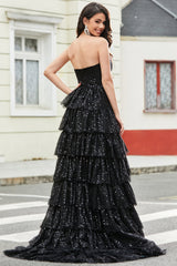 Stilvolles trägerloses schwarzes Pailletten Ballkleid in A-Linie mit Rüschen