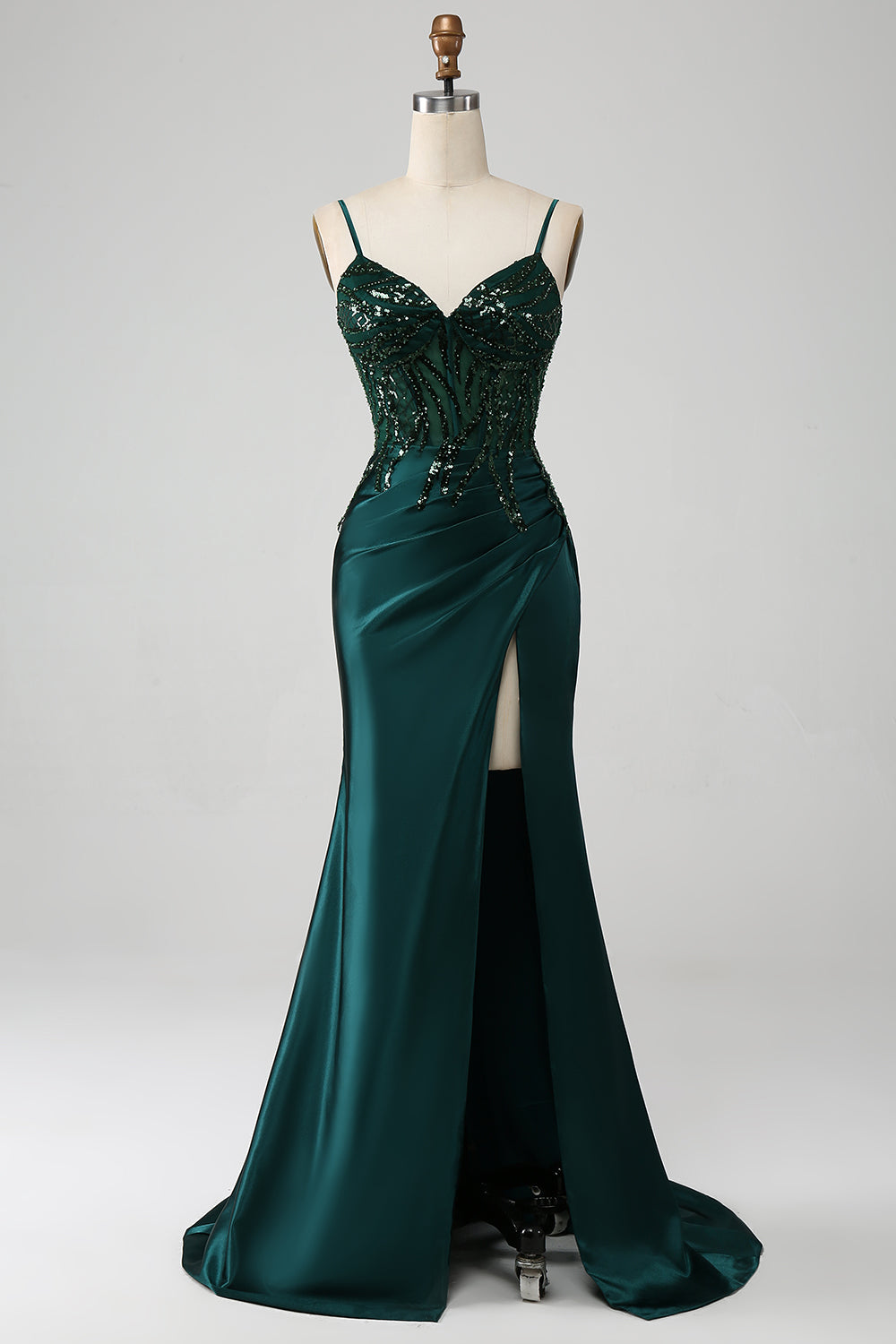 ZAPAKA Damen Funkelndes Dunkelgrünes Ballkleid Meerjungfrau Spaghettiträger Plissee Korsett Abendkleid mit Schlitz