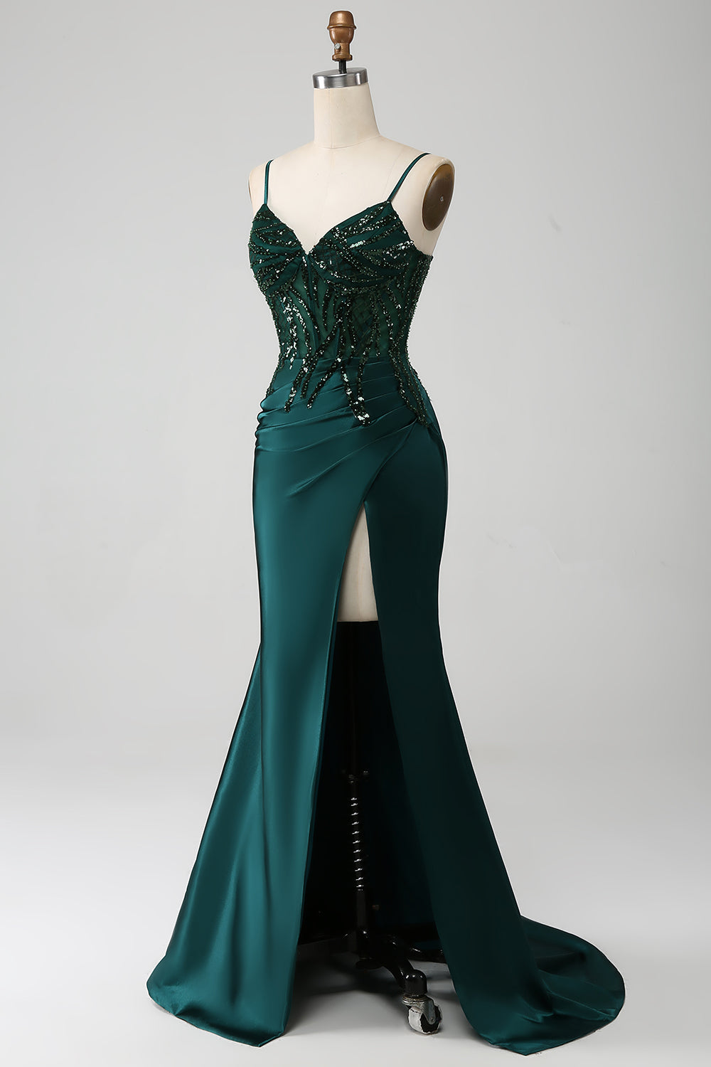 Glitzerndes Dunkelgrünes Meerjungfrauen Pailletten Korsett Ballkleid mit Schlitz