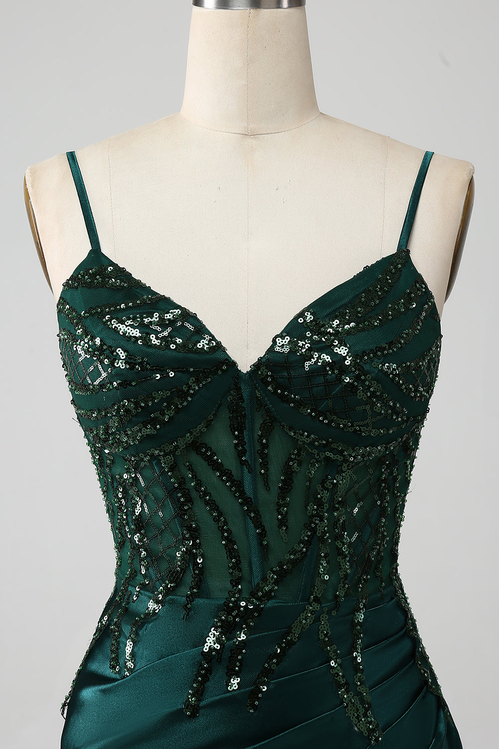 Glitzerndes Dunkelgrünes Meerjungfrauen Pailletten Korsett Ballkleid mit Schlitz