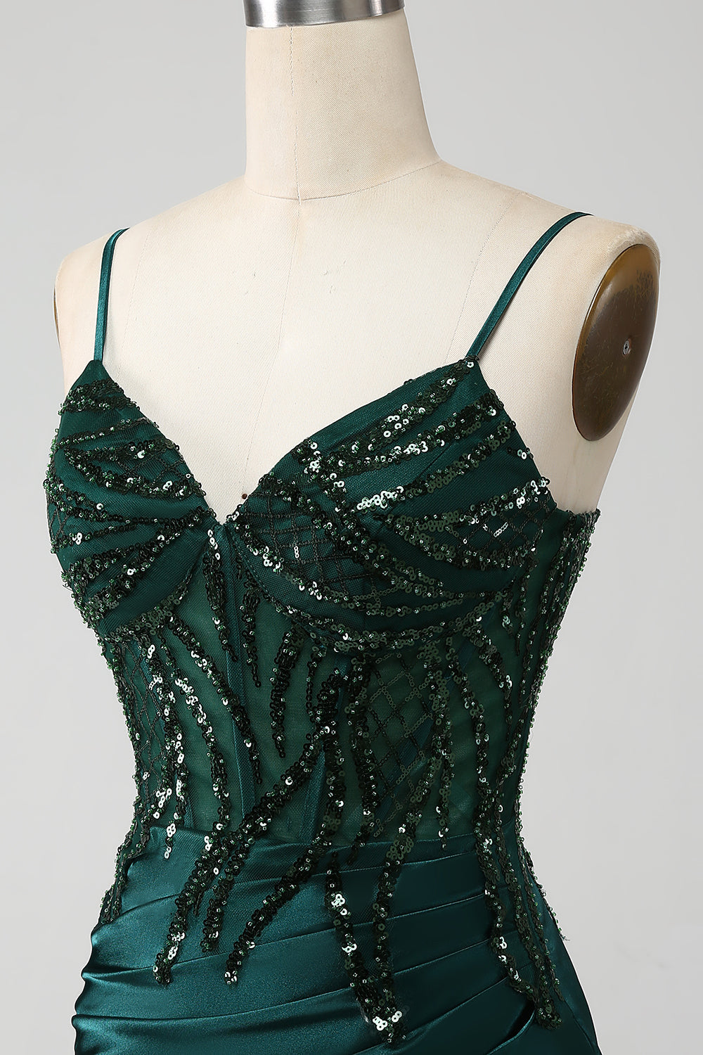 Glitzerndes Dunkelgrünes Meerjungfrauen Pailletten Korsett Ballkleid mit Schlitz