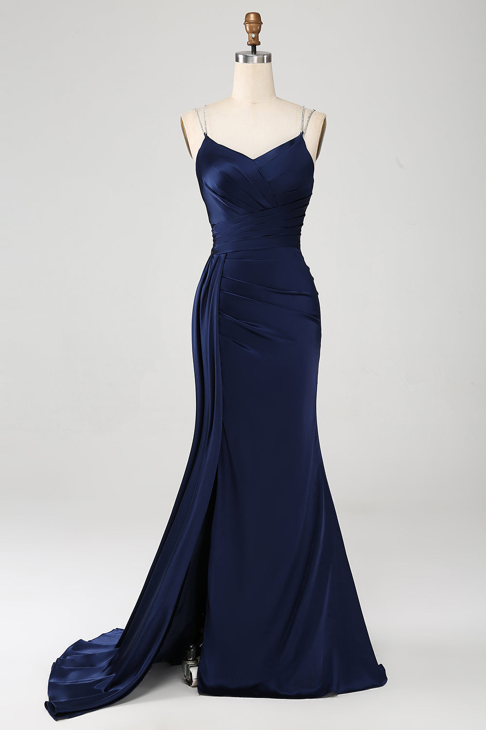 Marineblaues Meerjungfrauen Spaghettiträger Plissee Korsett Langes Ballkleid mit Schlitz