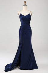Marineblaues Meerjungfrauen Spaghettiträger Plissee Korsett Langes Ballkleid mit Schlitz
