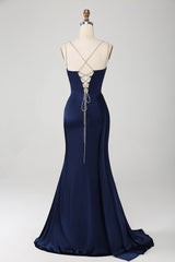 Marineblaues Meerjungfrauen Spaghettiträger Plissee Korsett Langes Ballkleid mit Schlitz