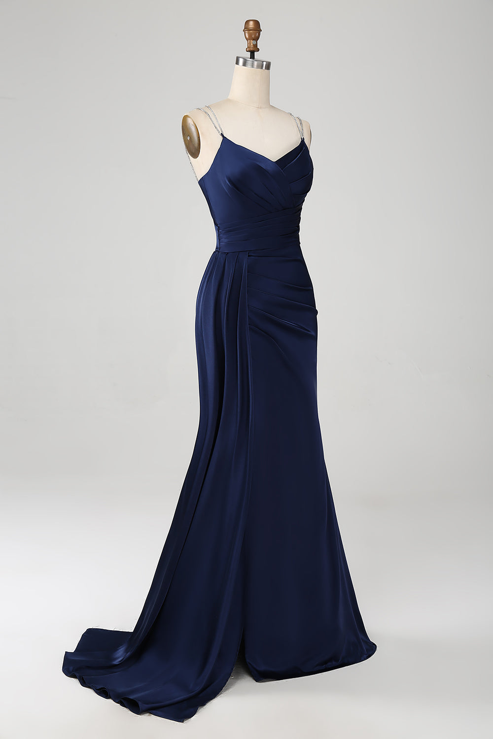Marineblaues Meerjungfrauen Spaghettiträger Plissee Korsett Langes Ballkleid mit Schlitz