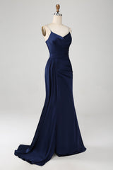 Marineblaues Meerjungfrauen Spaghettiträger Plissee Korsett Langes Ballkleid mit Schlitz