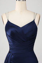 Marineblaues Meerjungfrauen Spaghettiträger Plissee Korsett Langes Ballkleid mit Schlitz