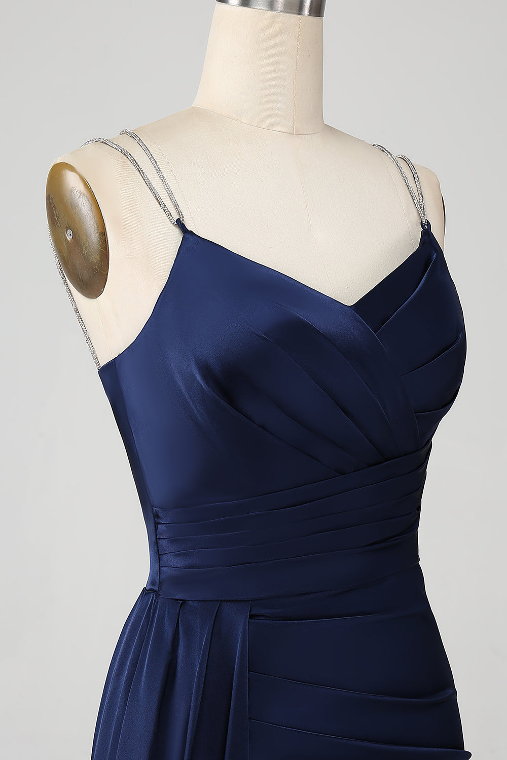 Marineblaues Meerjungfrauen Spaghettiträger Plissee Korsett Langes Ballkleid mit Schlitz