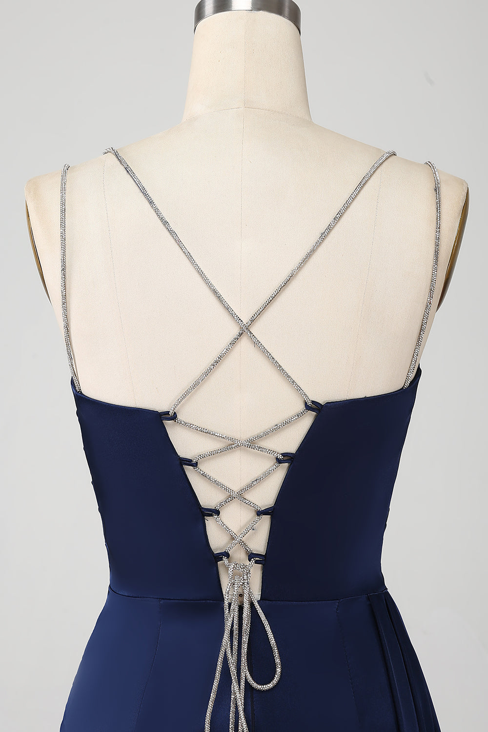 Marineblaues Meerjungfrauen Spaghettiträger Plissee Korsett Langes Ballkleid mit Schlitz