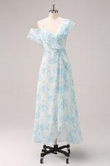 Stilvolles A-Linie Weiß Blau Blume Chiffon Brautjungfernkleid mit Schlitz