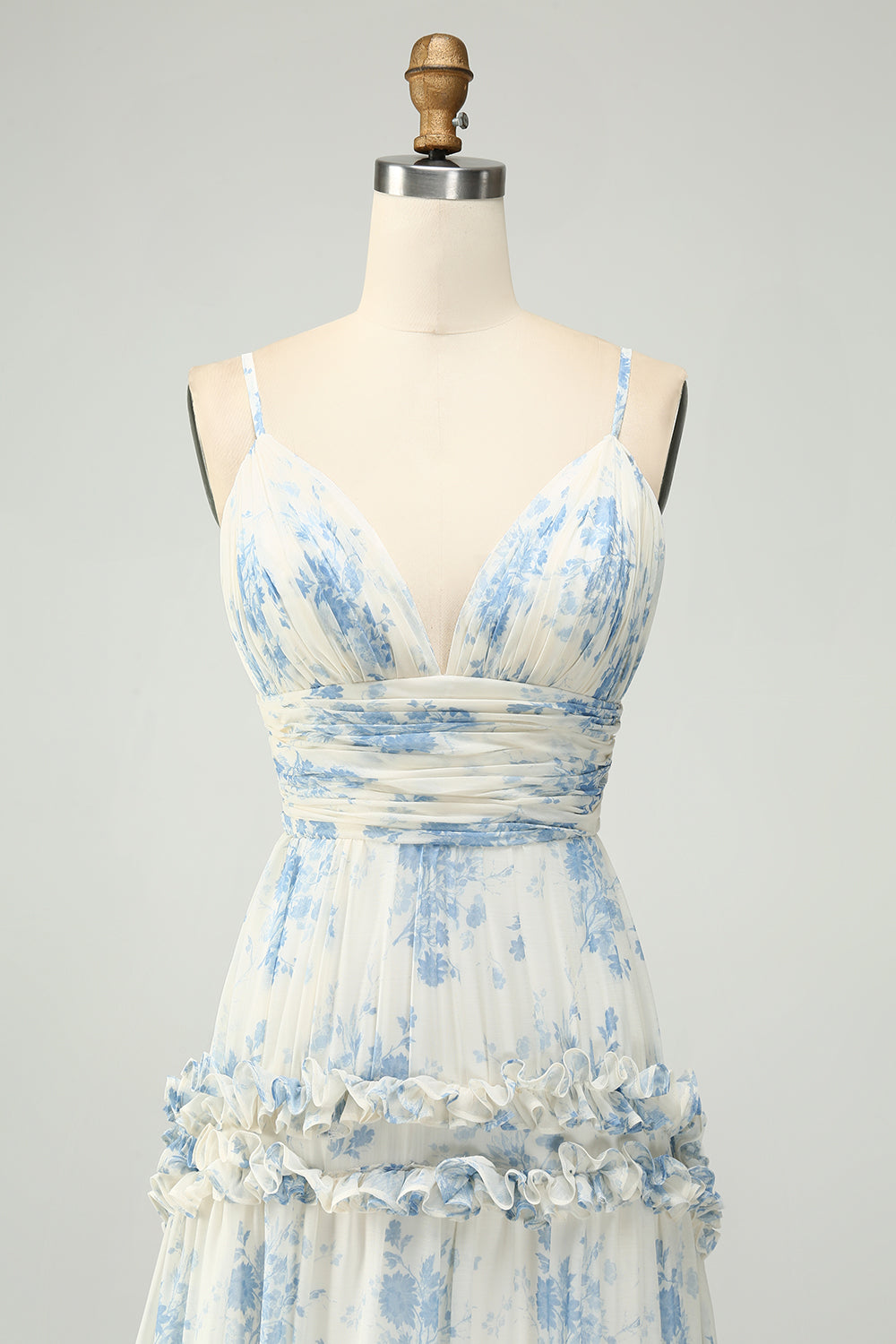 Weiß Blau Blume A-Linie Spaghettiträger Langes Tüll Brautjungfernkleid mit Rüschen