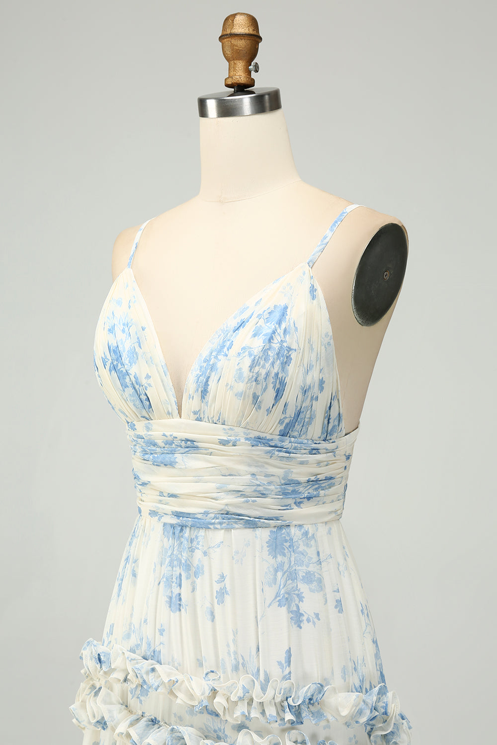 Weiß Blau Blume A-Linie Spaghettiträger Langes Tüll Brautjungfernkleid mit Rüschen